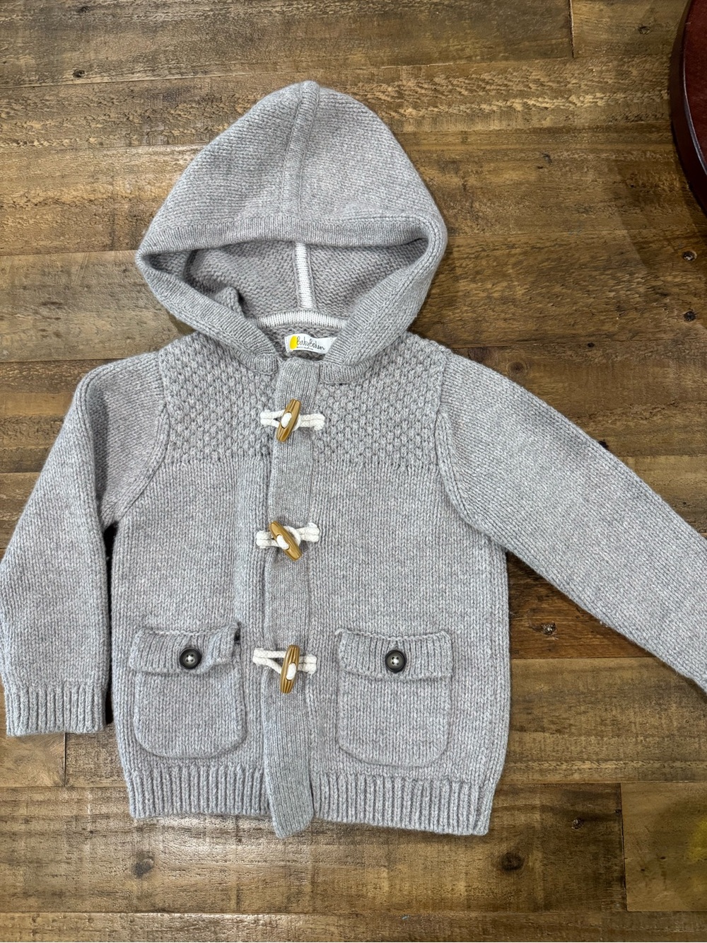 Baby Boden Gray Hooded Knit Sweater Jacket w/ Buttons & Toggle Fasteners